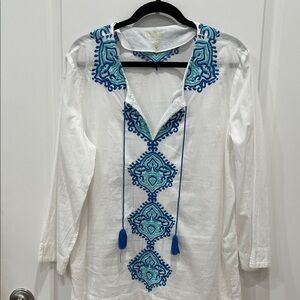 Lilly Pulitzer White Tunic with Blue and Teal Embroidery